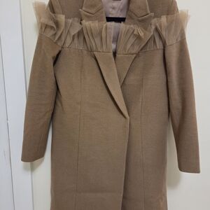 Elegant Tan Women's Merino Cashmere Coat with Tulle Detail
